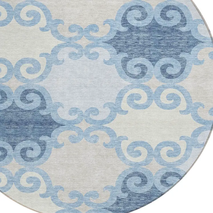 8' Sky Blue Gray And Ivory Round Trellis Washable Indoor Outdoor Area Rug