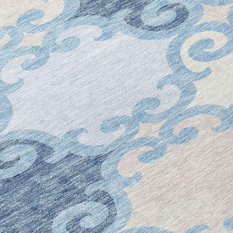 8' Sky Blue Gray And Ivory Round Trellis Washable Indoor Outdoor Area Rug
