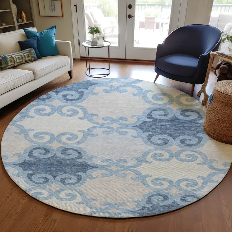 8' Sky Blue Gray And Ivory Round Trellis Washable Indoor Outdoor Area Rug