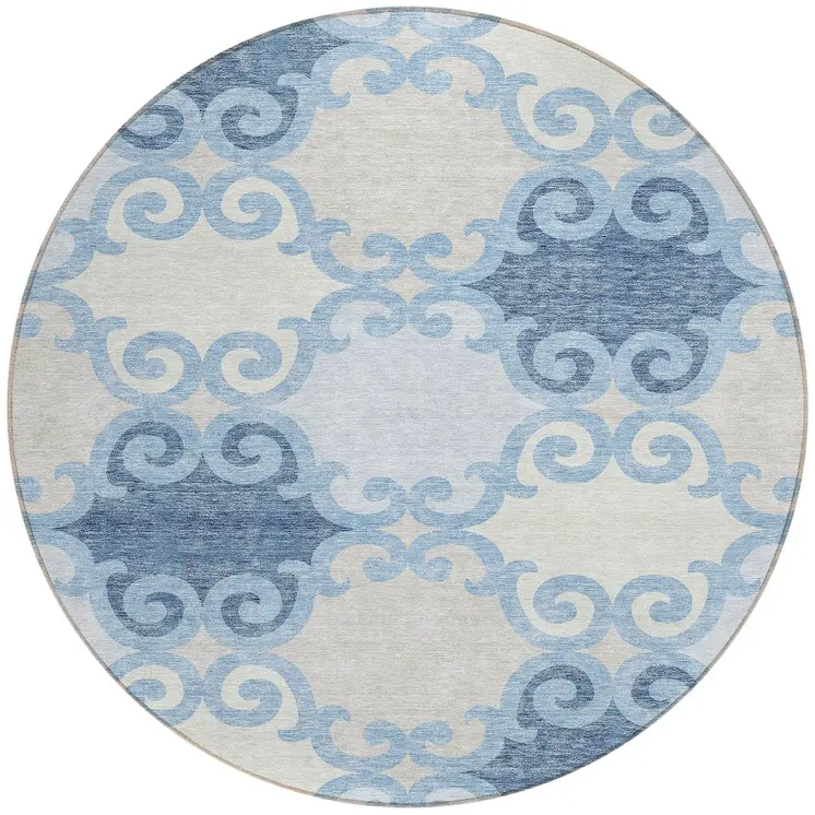 8' Sky Blue Gray And Ivory Round Trellis Washable Indoor Outdoor Area Rug