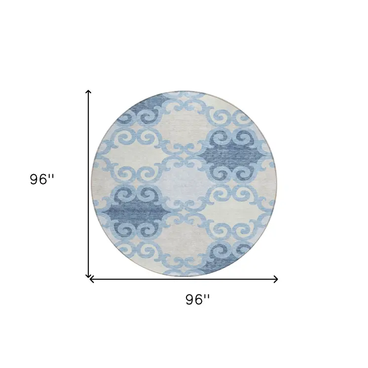 8' Sky Blue Gray And Ivory Round Trellis Washable Indoor Outdoor Area Rug