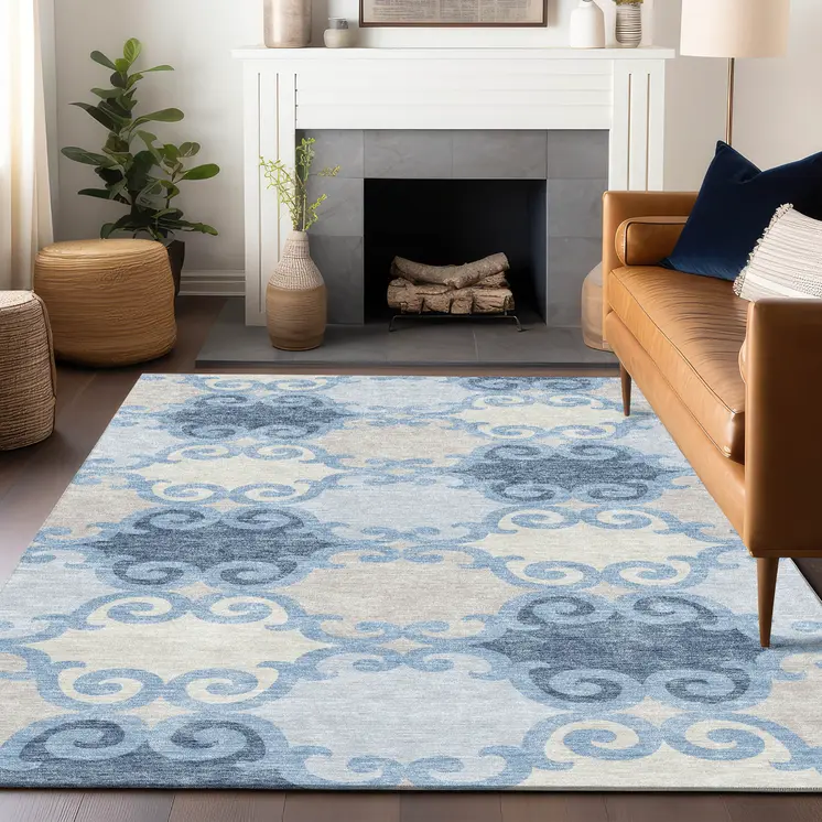 8' X 10' Sky Blue Gray And Ivory Trellis Washable Indoor Outdoor Area Rug