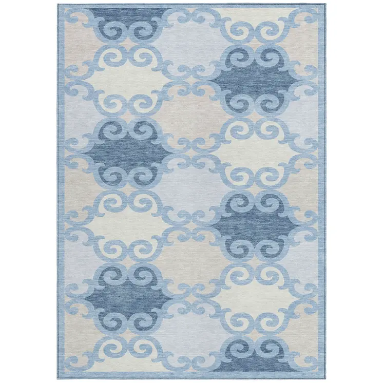 9' X 12' Sky Blue Gray And Ivory Trellis Washable Indoor Outdoor Area Rug