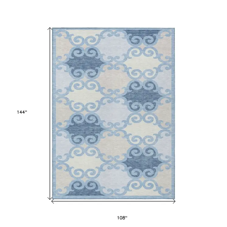 9' X 12' Sky Blue Gray And Ivory Trellis Washable Indoor Outdoor Area Rug