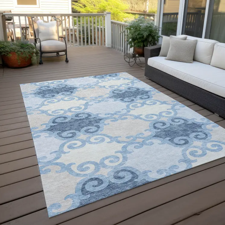 9' X 12' Sky Blue Gray And Ivory Trellis Washable Indoor Outdoor Area Rug