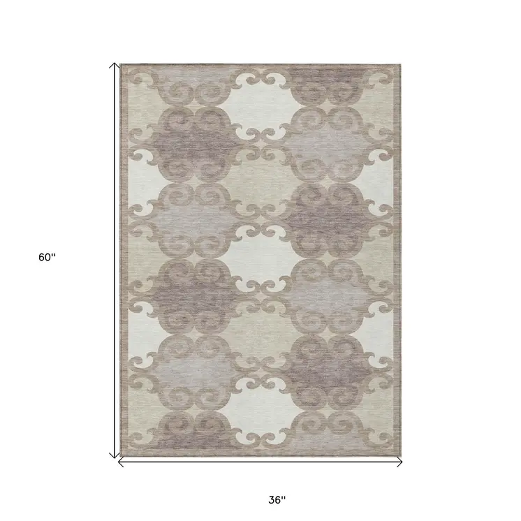 3' X 5' Taupe Beige And Gray Trellis Washable Indoor Outdoor Area Rug