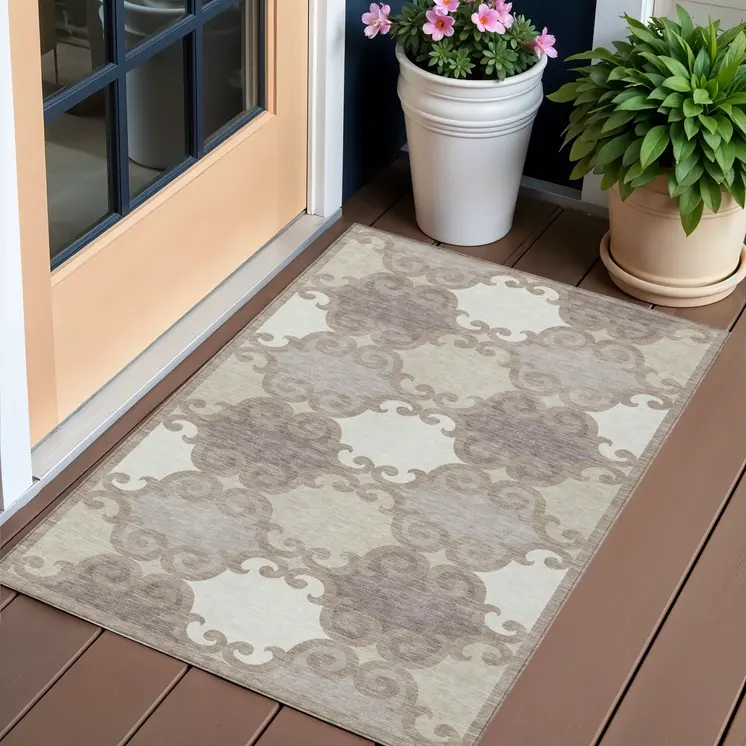 3' X 5' Taupe Beige And Gray Trellis Washable Indoor Outdoor Area Rug