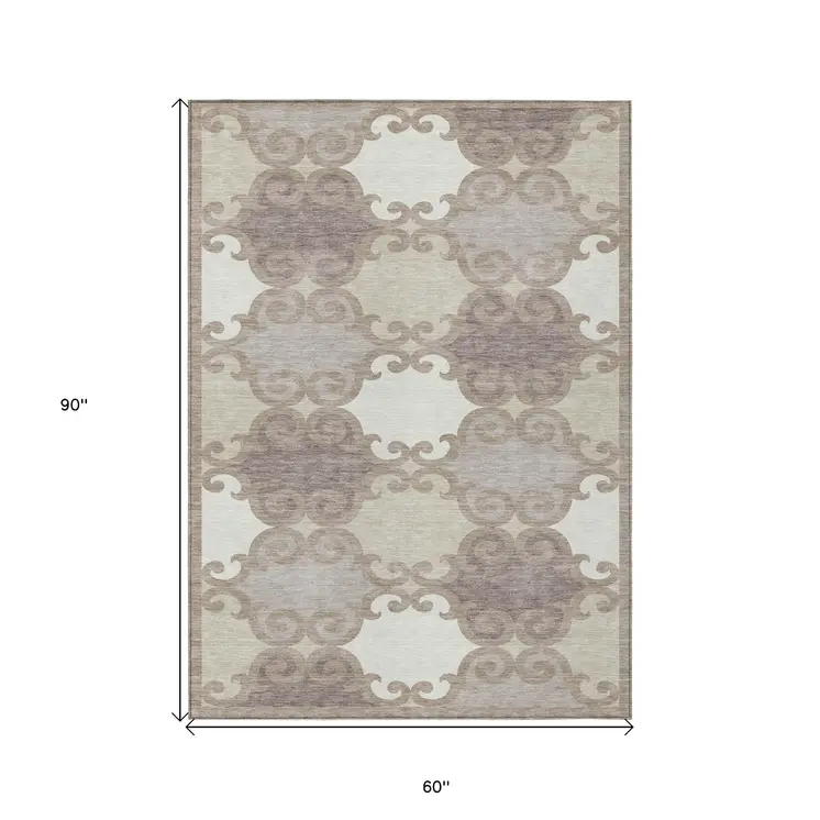 5' X 8' Taupe Beige And Gray Trellis Washable Indoor Outdoor Area Rug