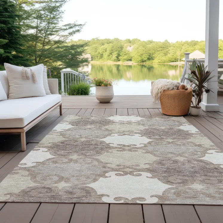 5' X 8' Taupe Beige And Gray Trellis Washable Indoor Outdoor Area Rug