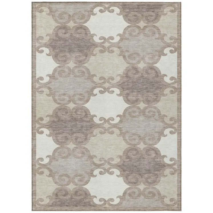 5' X 8' Taupe Beige And Gray Trellis Washable Indoor Outdoor Area Rug
