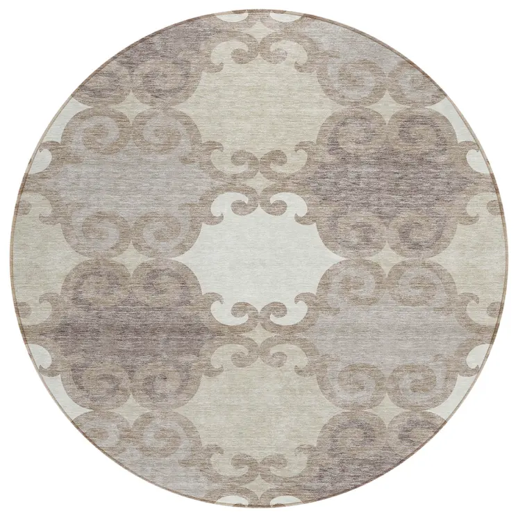 8' Taupe Beige And Gray Round Trellis Washable Indoor Outdoor Area Rug