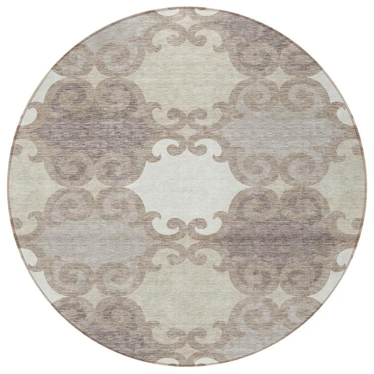 8' Taupe Beige And Gray Round Trellis Washable Indoor Outdoor Area Rug