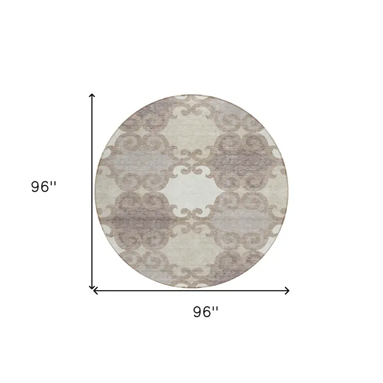 8' Taupe Beige And Gray Round Trellis Washable Indoor Outdoor Area Rug