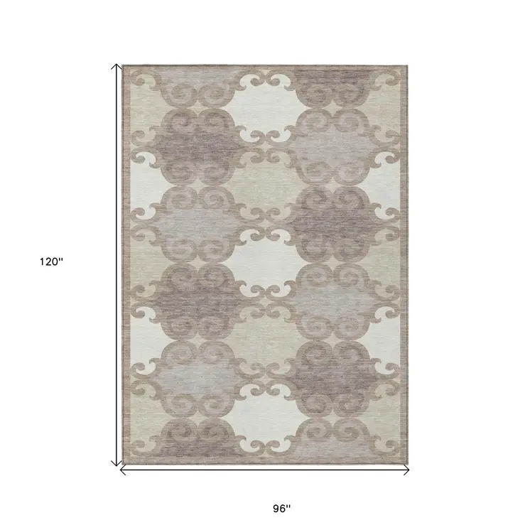 8' X 10' Taupe Beige And Gray Trellis Washable Indoor Outdoor Area Rug