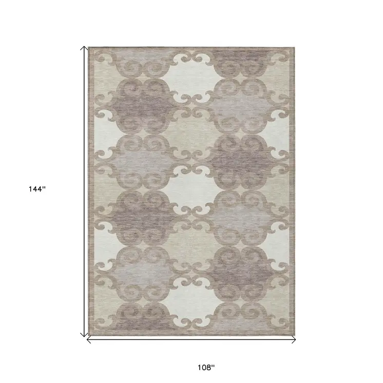 9' X 12' Taupe Beige And Gray Trellis Washable Indoor Outdoor Area Rug