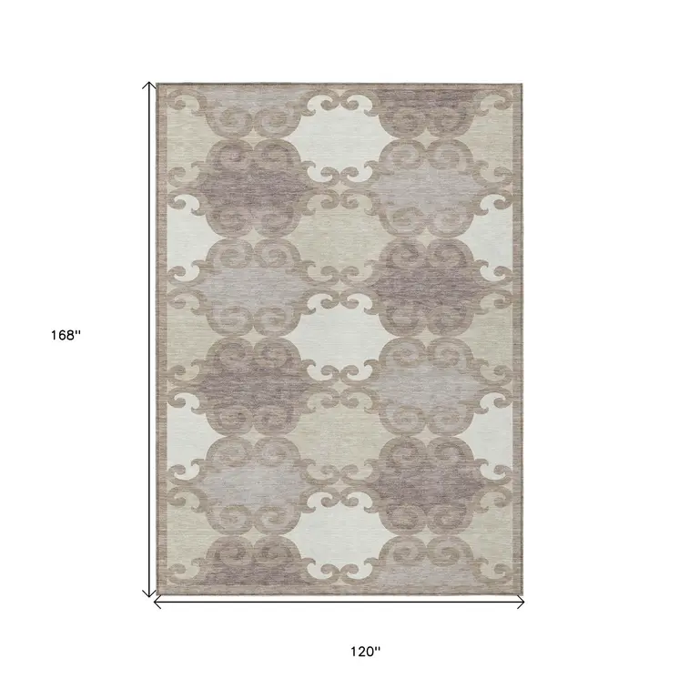 10' X 14' Taupe Beige And Gray Trellis Washable Indoor Outdoor Area Rug