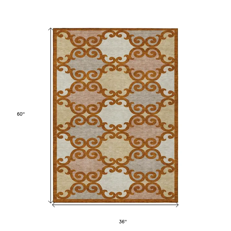 3' X 5' Terra Cotta Beige And Gray Trellis Washable Indoor Outdoor Area Rug