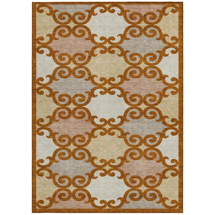 5' X 8' Terra Cotta Beige And Gray Trellis Washable Indoor Outdoor Area Rug