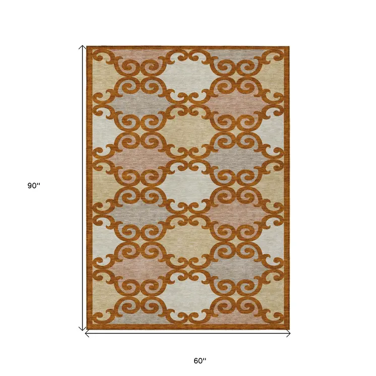 5' X 8' Terra Cotta Beige And Gray Trellis Washable Indoor Outdoor Area Rug