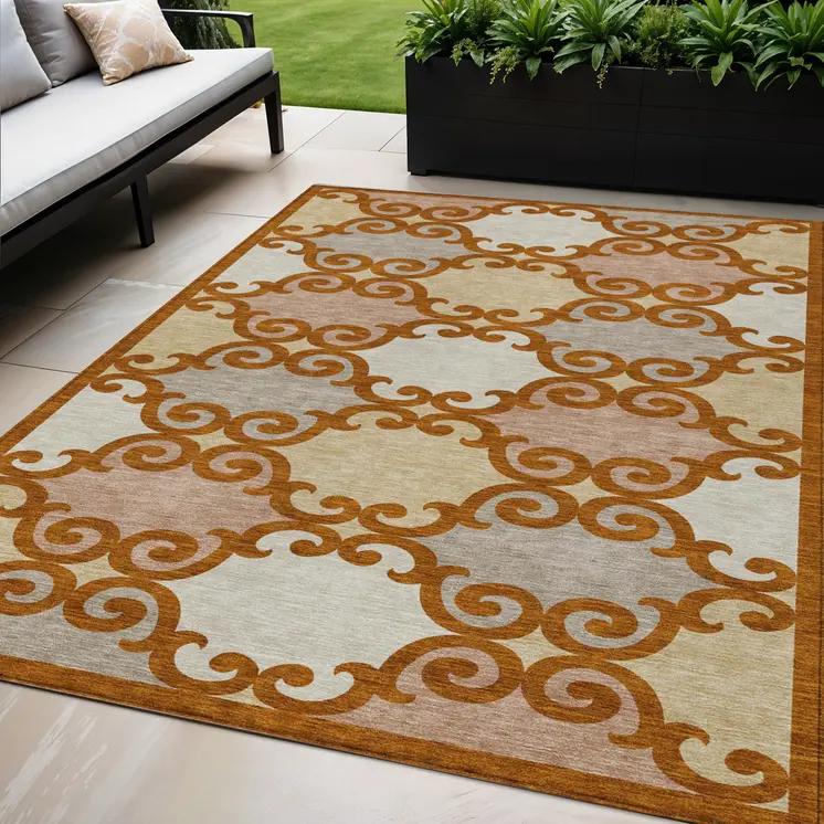 5' X 8' Terra Cotta Beige And Gray Trellis Washable Indoor Outdoor Area Rug