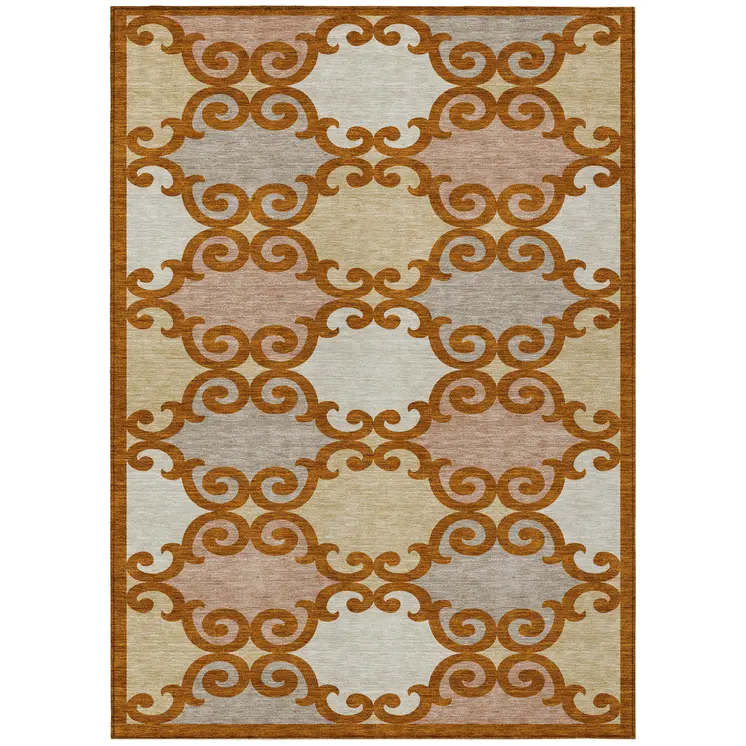 5' X 8' Terra Cotta Beige And Gray Trellis Washable Indoor Outdoor Area Rug