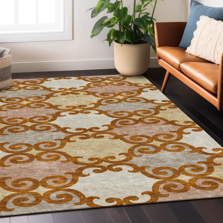 5' X 8' Terra Cotta Beige And Gray Trellis Washable Indoor Outdoor Area Rug