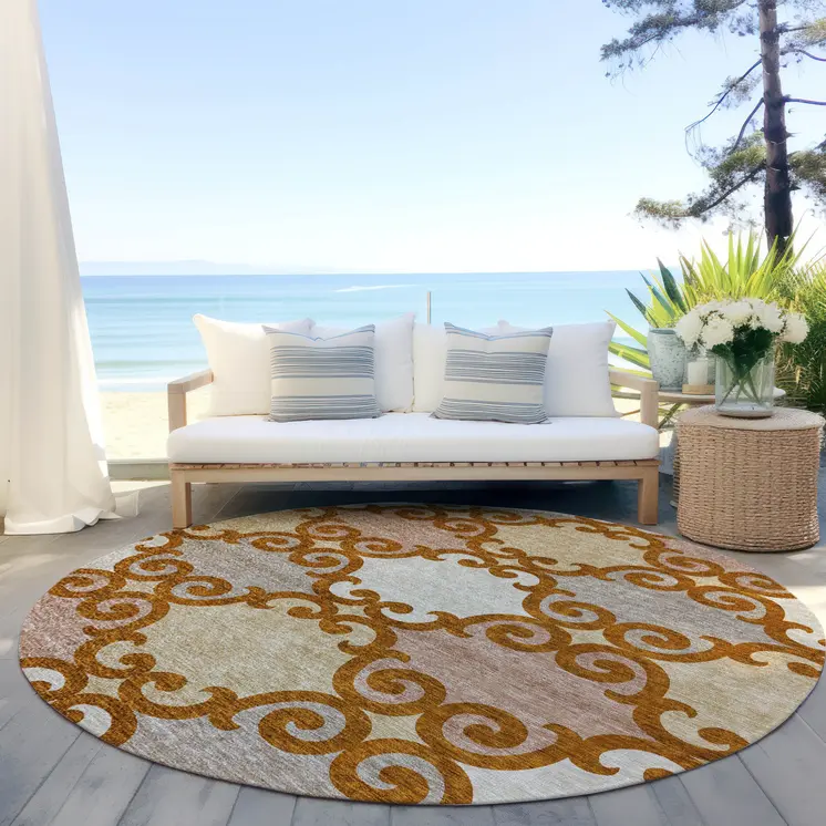 8' Terra Cotta Beige And Gray Round Trellis Washable Indoor Outdoor Area Rug