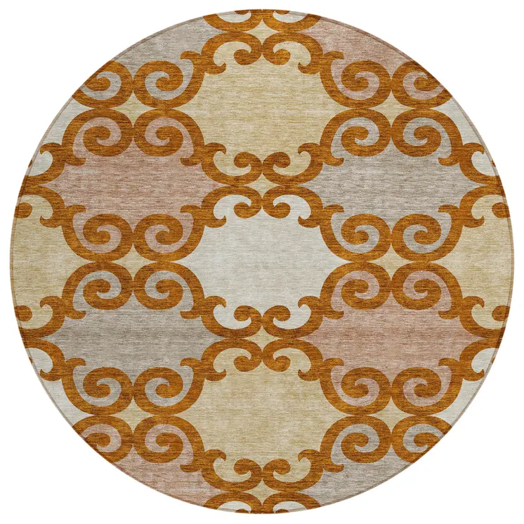 8' Terra Cotta Beige And Gray Round Trellis Washable Indoor Outdoor Area Rug