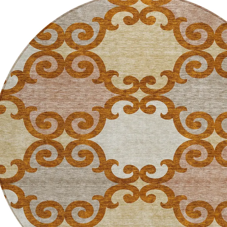 8' Terra Cotta Beige And Gray Round Trellis Washable Indoor Outdoor Area Rug