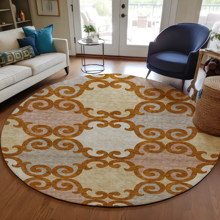 8' Terra Cotta Beige And Gray Round Trellis Washable Indoor Outdoor Area Rug