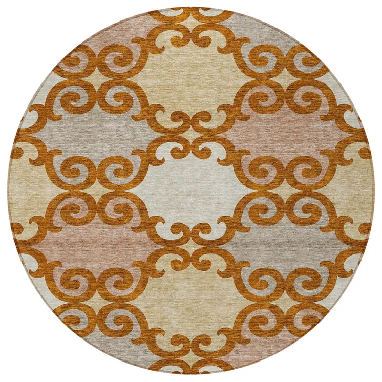 8' Terra Cotta Beige And Gray Round Trellis Washable Indoor Outdoor Area Rug