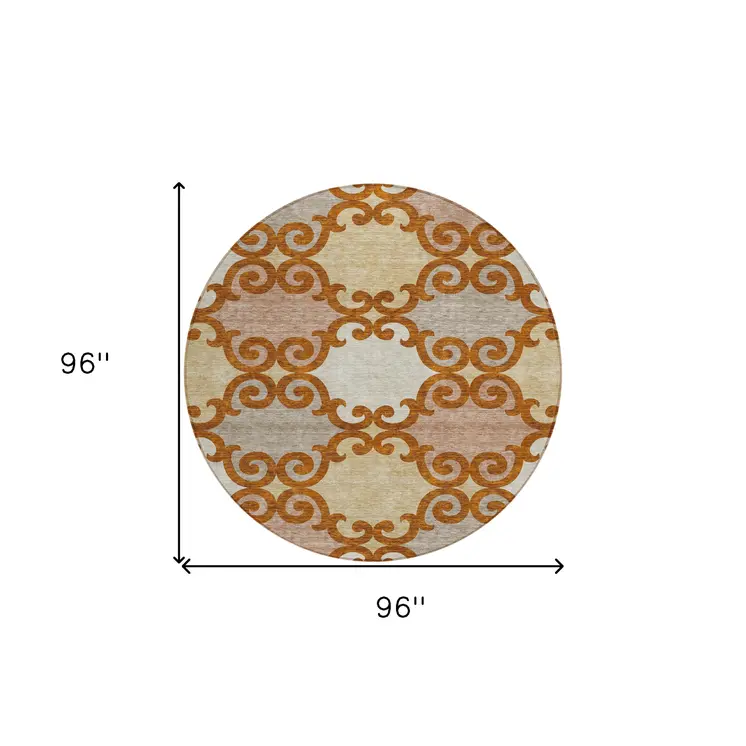 8' Terra Cotta Beige And Gray Round Trellis Washable Indoor Outdoor Area Rug