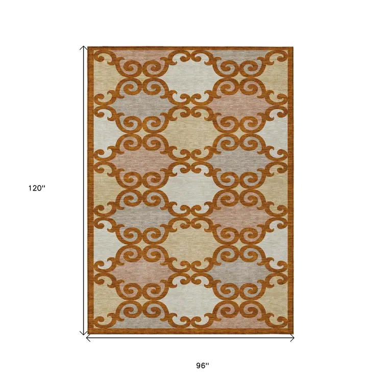 8' X 10' Terra Cotta Beige And Gray Trellis Washable Indoor Outdoor Area Rug