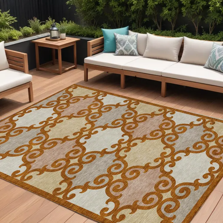8' X 10' Terra Cotta Beige And Gray Trellis Washable Indoor Outdoor Area Rug