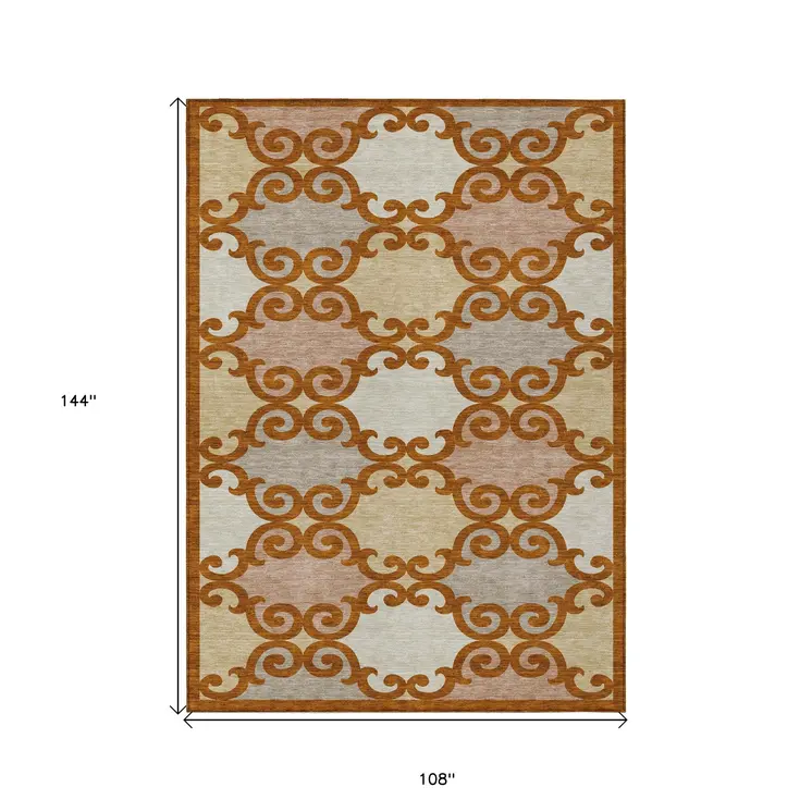 9' X 12' Terra Cotta Beige And Gray Trellis Washable Indoor Outdoor Area Rug