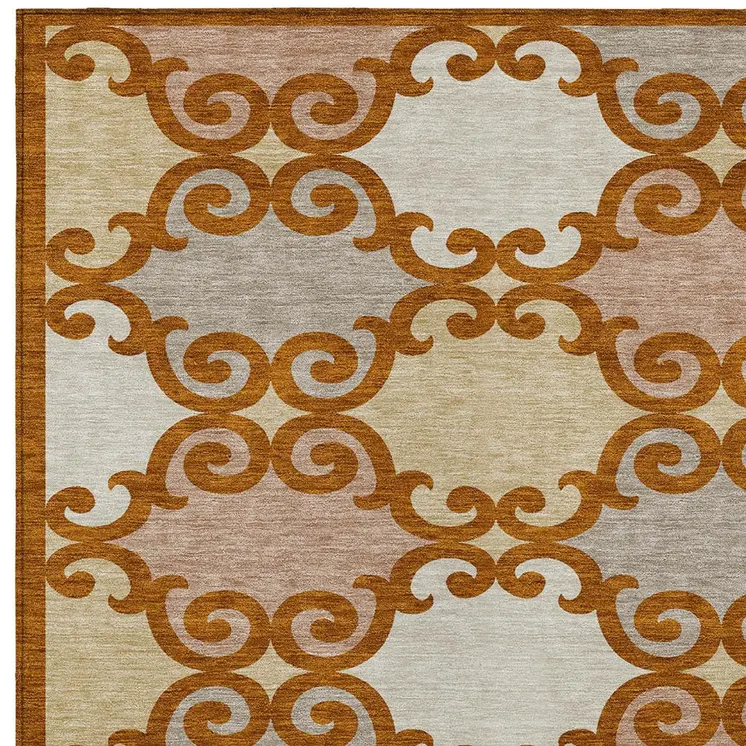 9' X 12' Terra Cotta Beige And Gray Trellis Washable Indoor Outdoor Area Rug