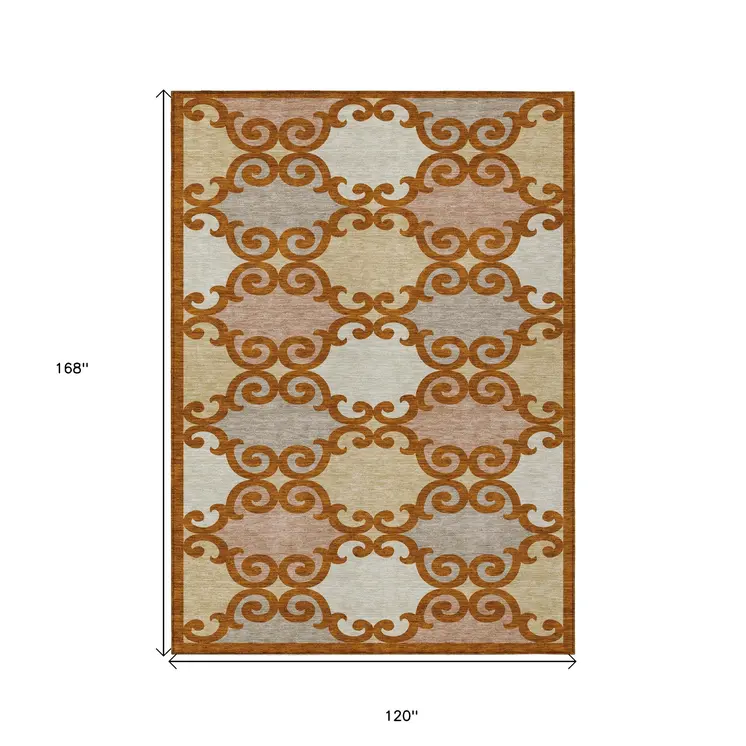 10' X 14' Terra Cotta Beige And Gray Trellis Washable Indoor Outdoor Area Rug