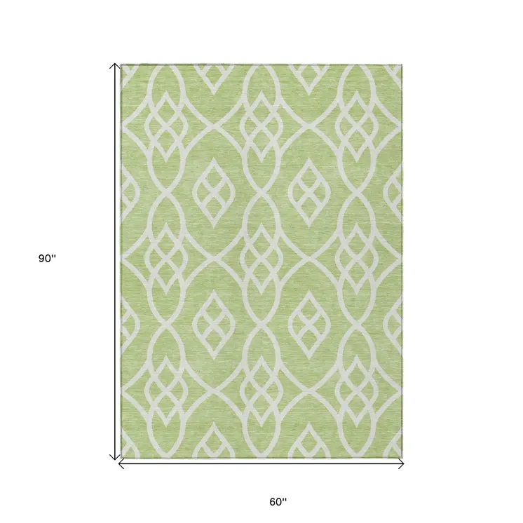 5' X 8' Artichoke Green And Ivory Trellis Washable Indoor Outdoor Area Rug