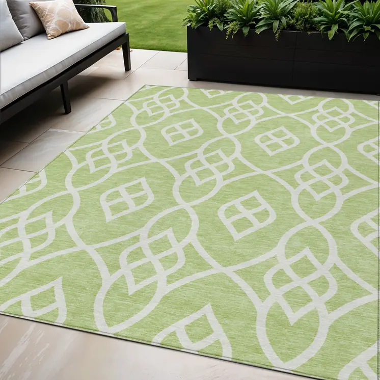 5' X 8' Artichoke Green And Ivory Trellis Washable Indoor Outdoor Area Rug