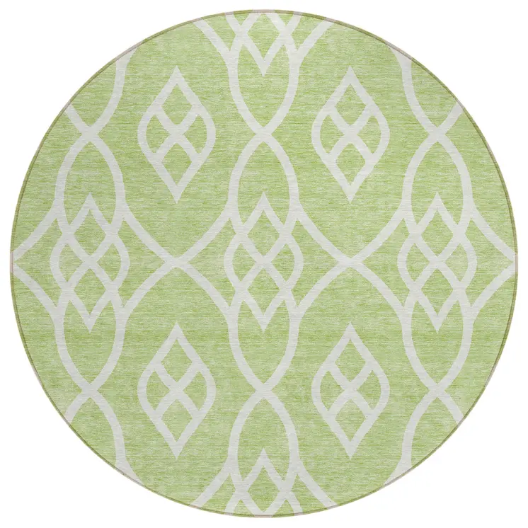 8' Artichoke Green And Ivory Round Trellis Washable Indoor Outdoor Area Rug