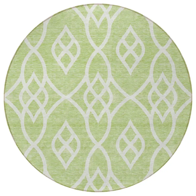 8' Artichoke Green And Ivory Round Trellis Washable Indoor Outdoor Area Rug