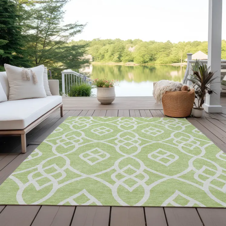 8' X 10' Artichoke Green And Ivory Trellis Washable Indoor Outdoor Area Rug