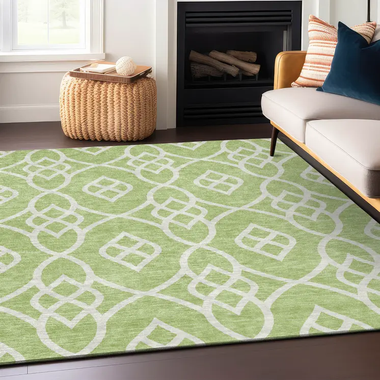 8' X 10' Artichoke Green And Ivory Trellis Washable Indoor Outdoor Area Rug