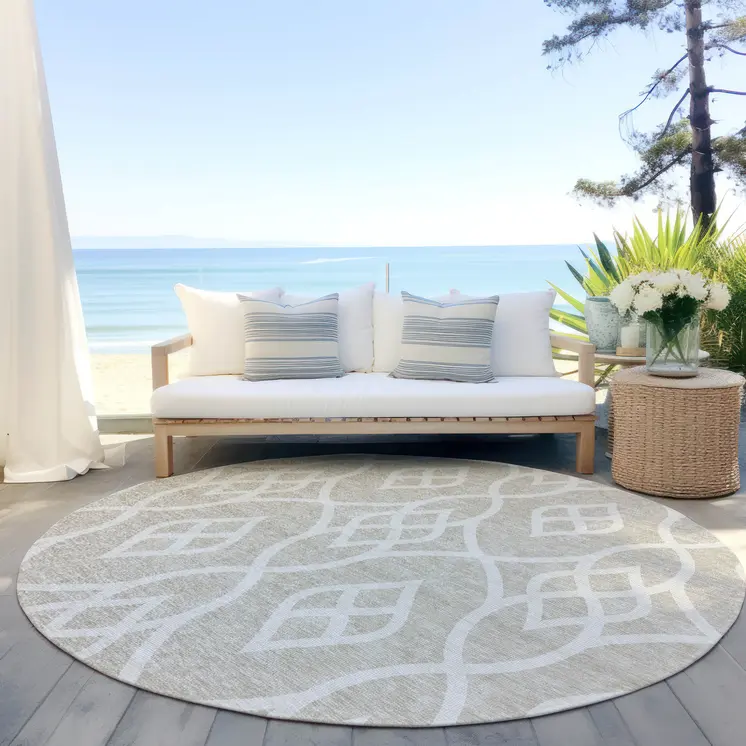 8' Beige And Ivory Round Trellis Washable Indoor Outdoor Area Rug