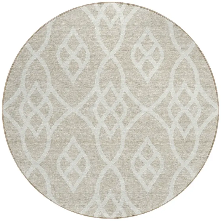 8' Beige And Ivory Round Trellis Washable Indoor Outdoor Area Rug