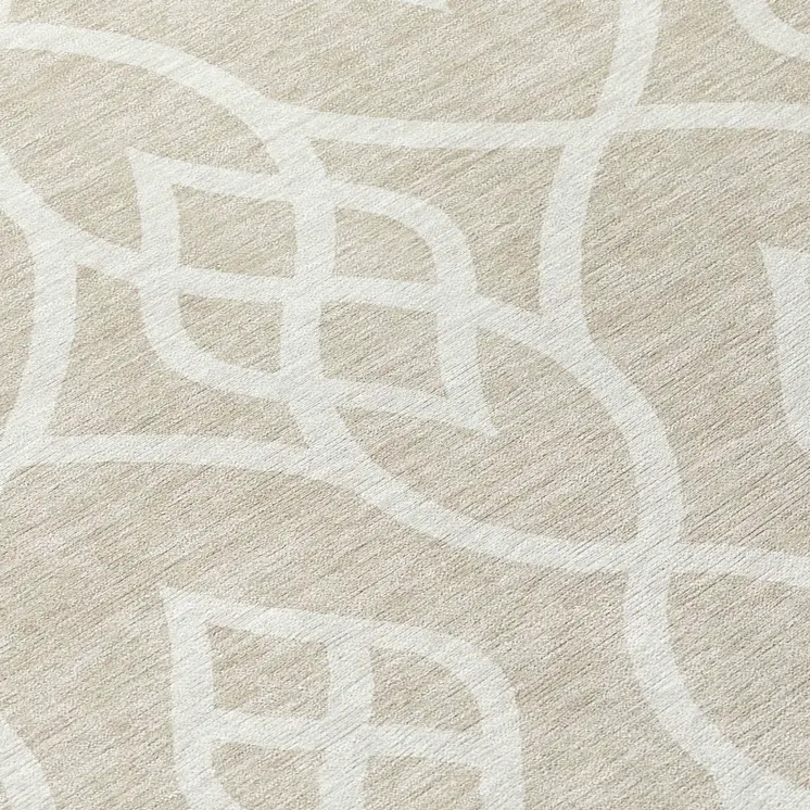 8' Beige And Ivory Round Trellis Washable Indoor Outdoor Area Rug