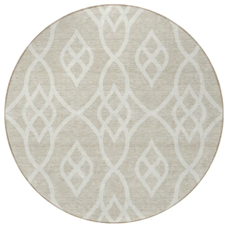 8' Beige And Ivory Round Trellis Washable Indoor Outdoor Area Rug