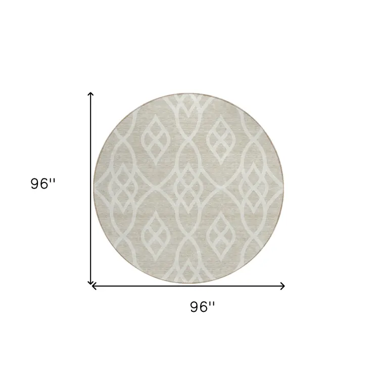 8' Beige And Ivory Round Trellis Washable Indoor Outdoor Area Rug