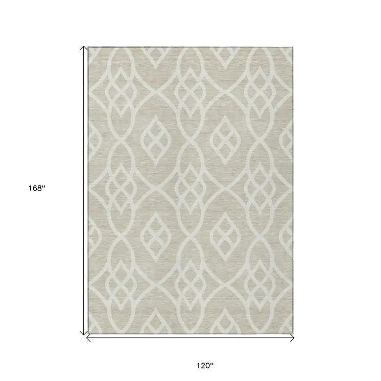 10' X 14' Beige And Ivory Trellis Washable Indoor Outdoor Area Rug