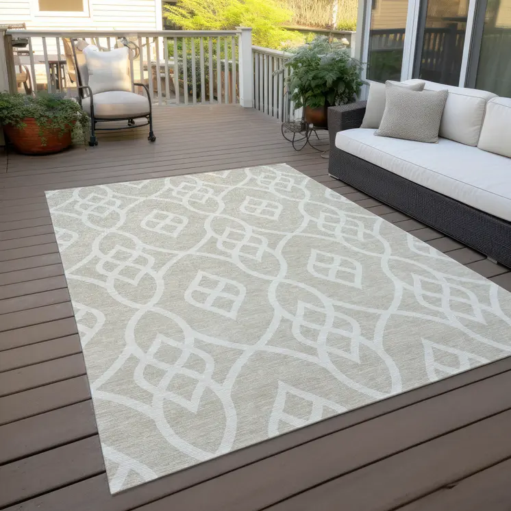 10' X 14' Beige And Ivory Trellis Washable Indoor Outdoor Area Rug